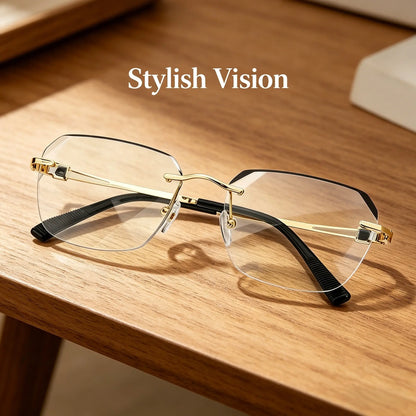 Diamond Edge Frameless Glasses – Blue Light Blocking Clear Readers for Men & Women. Lightweight Metal Temple Decor, Ideal for Gaming, Office, or Street Style.