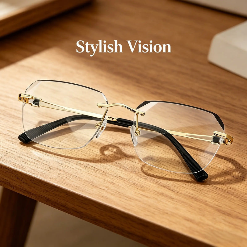 Diamond Edge Frameless Glasses – Blue Light Blocking Clear Readers for Men & Women. Lightweight Metal Temple Decor, Ideal for Gaming, Office, or Street Style. detail view