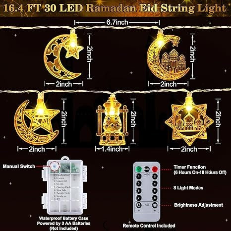 Ramadan Eid Mubarak Decorations String Lights 16.4FT 30 LED Star Moon