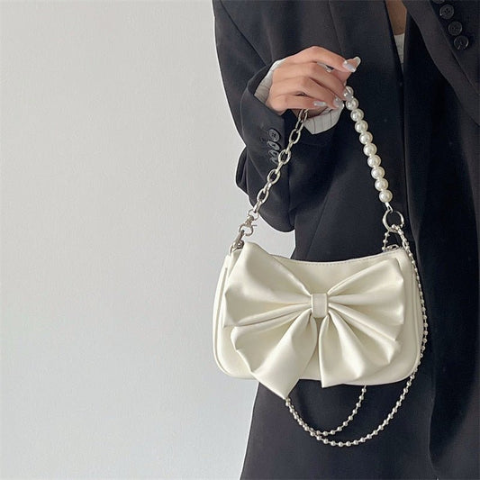 Black White PU Bow Handbags Autumn Winter Ladies Underarm Tote Bags Fashion Simple Pearl Chain Shoulder Bag Small Purse